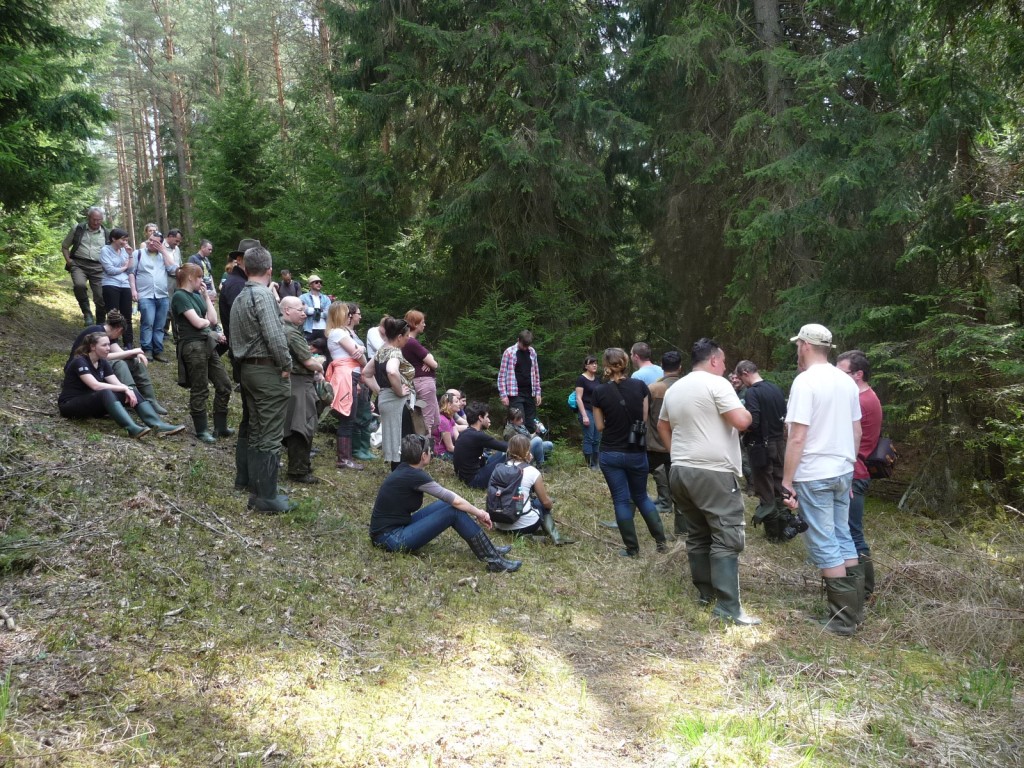 Uczestnicy słuchają o "leśnej postaci" torfowiska jaką zaraz mają zobaczyć
